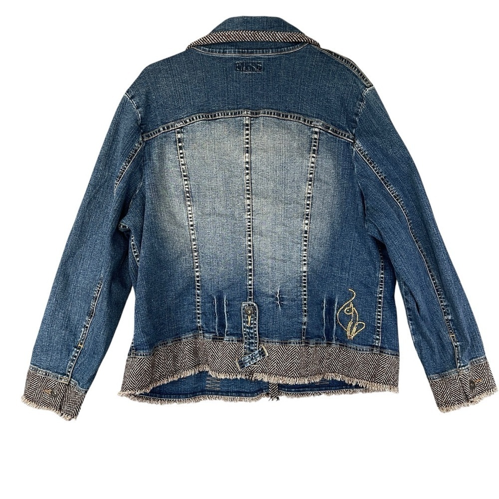 BABY PHAT Y2K Vintage Jean Jacket Tweed Trim Rhinestone Cat Bling Distressed 3X - Picture 3 of 12